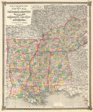 Map Antique County Map Of Tennessee Kentucky Alabama Mississippi Arkansas And Louisiana