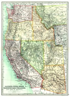 Map Antique Pacific States California Nevada Oregon Washington Idaho Utah Arizona And Part Of Montana